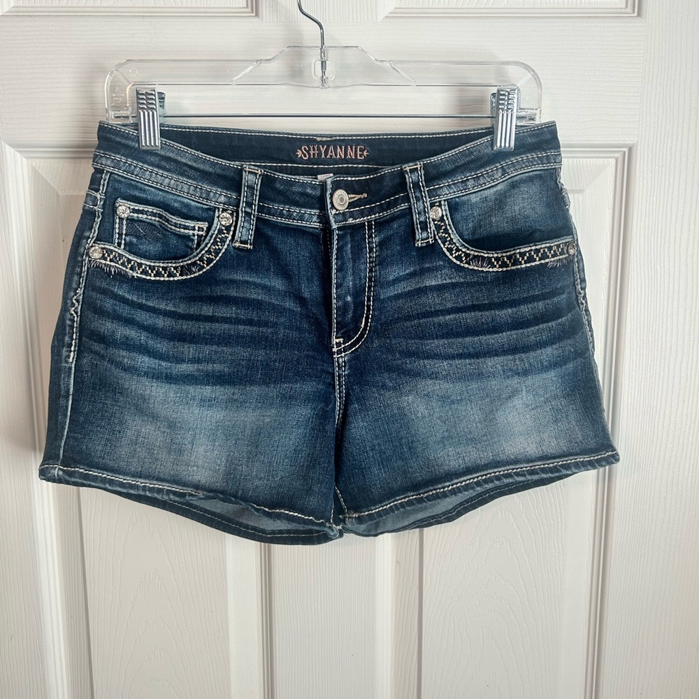 Shyanne Women's Faded Dark Blue Denim Shorts with Contrast Stitching